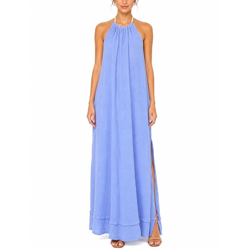 Scandal Italy 100% Cotton Light Blue Gauze Open Back Halter Maxi Dress Size M